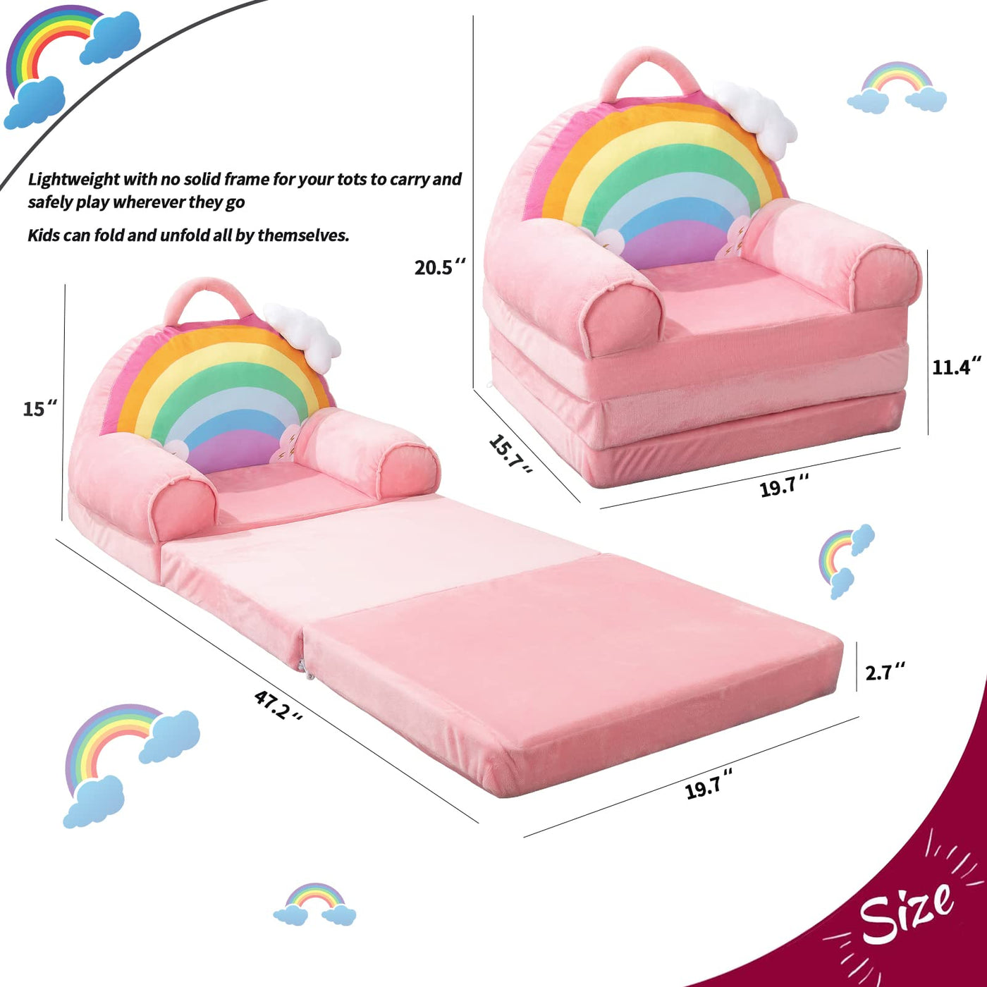 MAXYOYO Cartoon Foldable Kids Sofa, Plush Rainbow Shape Children Armchair