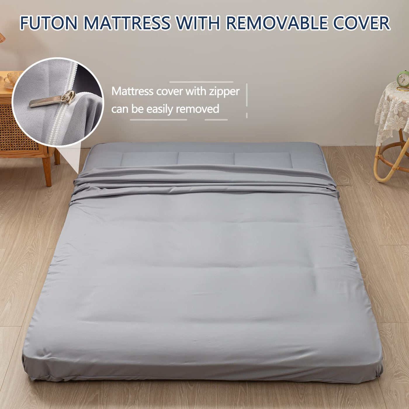 MAXYOYO Japanese Floor Mattress for Adults, 4" Thick Roll Up Floor Bed Futon Mattress Shikibuton, Grey