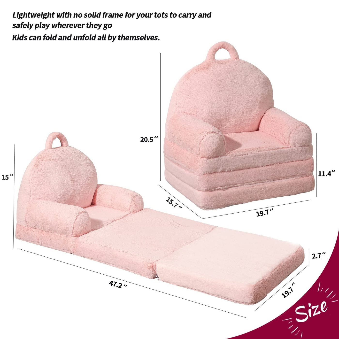 MAXYOYO Plush Foldable Kids Sofa, Children Couch Backrest Armchair Bed, Pink