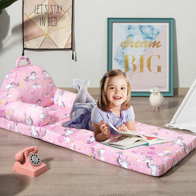 MAXYOYO Foldable Kids Sofa, Children Couch Backrest Armchair Bed with Pocket, Unicorn Pattern