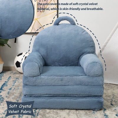 MAXYOYO Plush Foldable Kids Sofa, Children Couch Backrest Armchair Bed, Blue