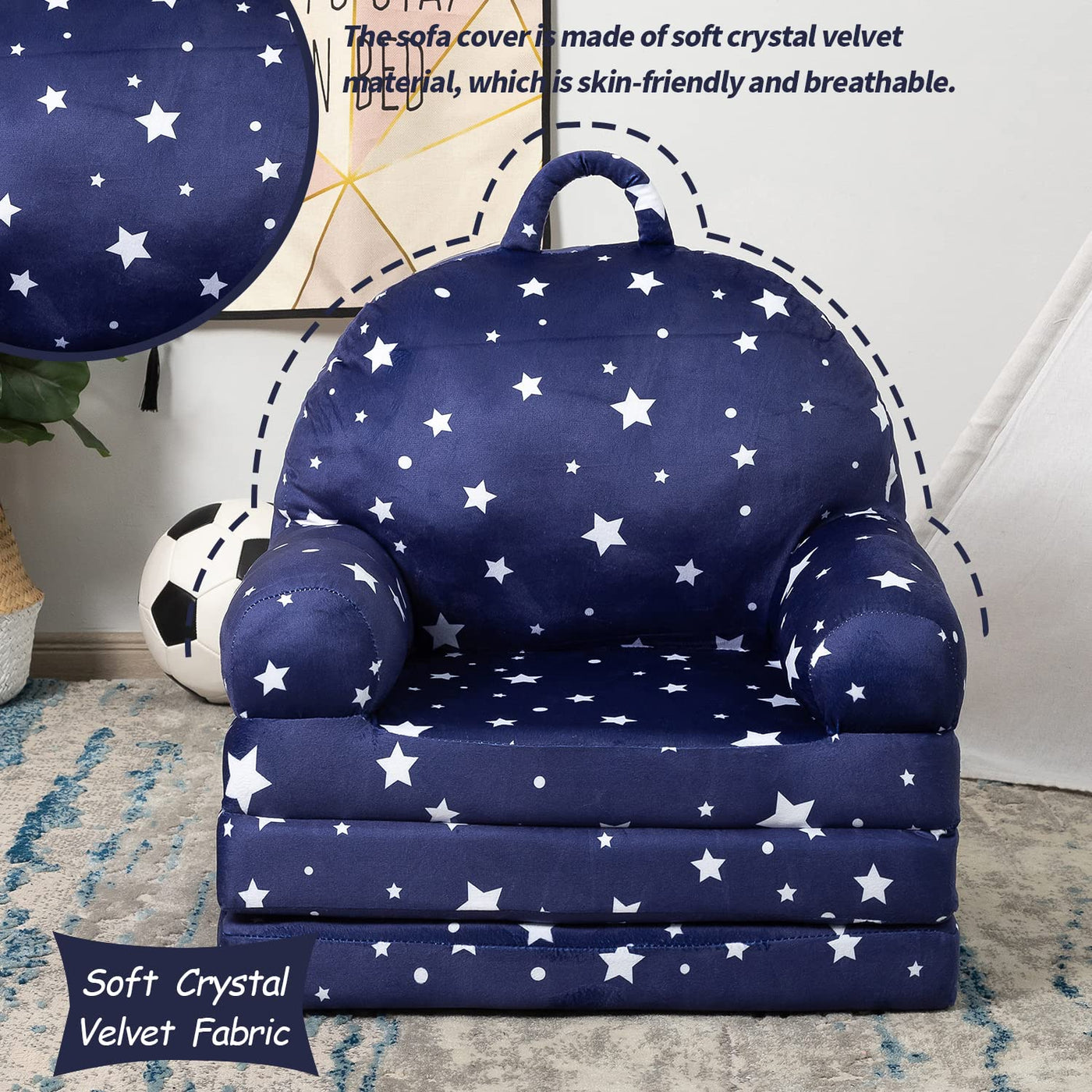 MAXYOYO Foldable Kids Sofa, Children Couch Backrest Armchair Bed with Pocket, Star Pattern