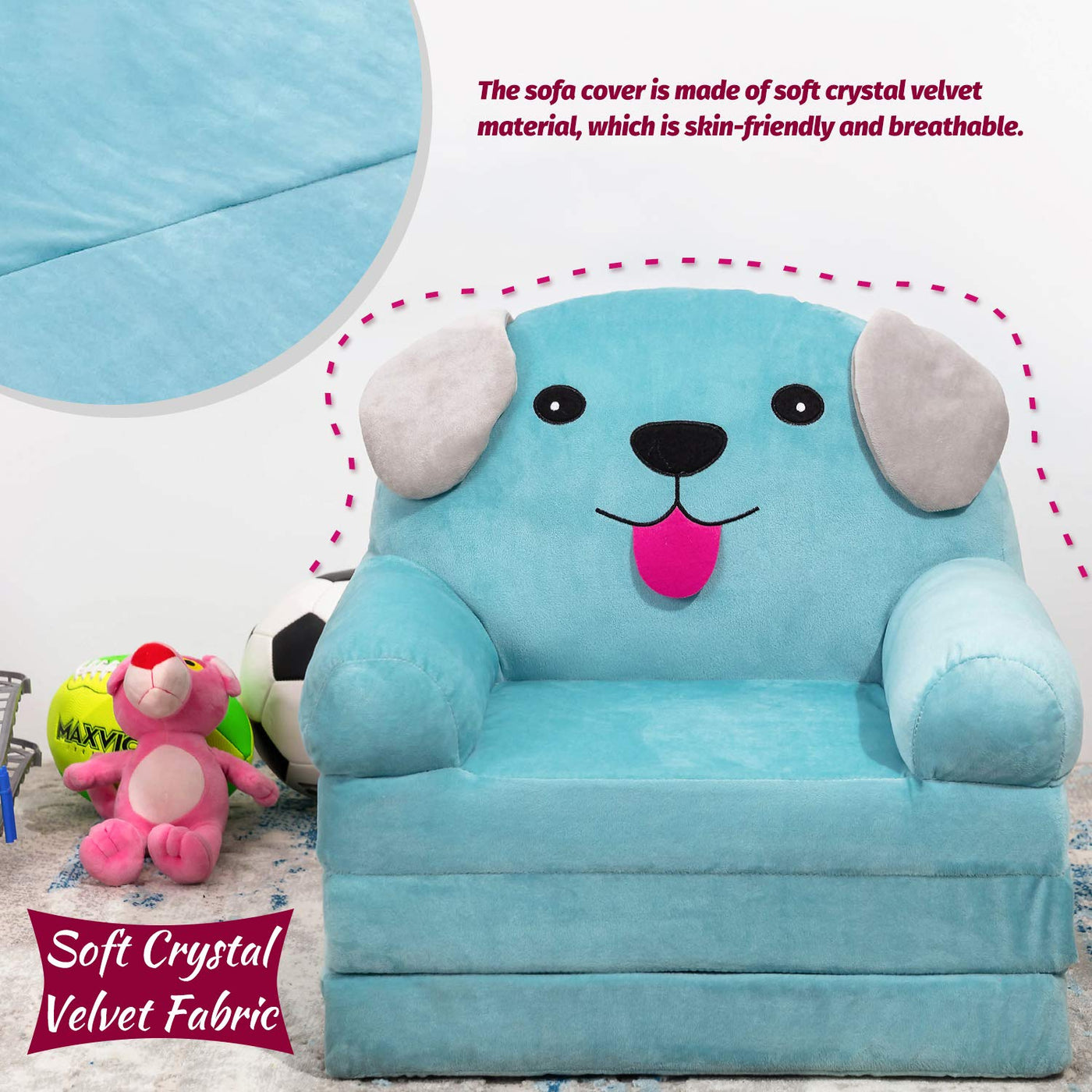 MAXYOYO Cartoon Foldable Kids Sofa, Plush Dog Shape Children Armchair