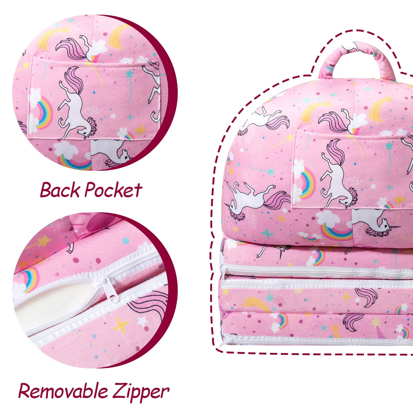 MAXYOYO Foldable Kids Sofa, Children Couch Backrest Armchair Bed with Pocket, Unicorn Pattern